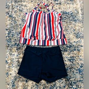 Women's Striped Swim Trunks - Red, White, and Blue